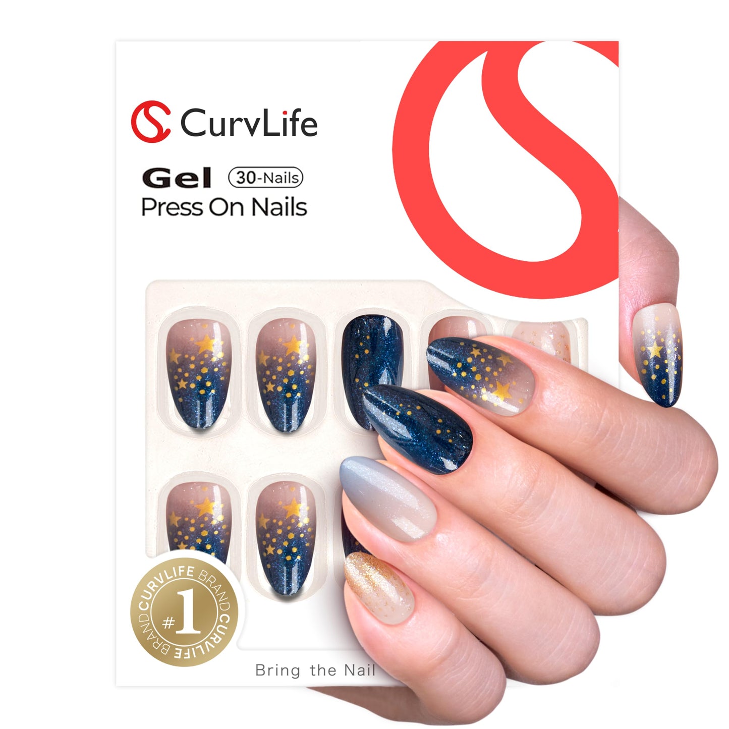 Curvlife 30pcs Press on Nails, Acrylic Fake Nail with Apricot Design, Full Cover False Nails Tips Glossy Nude Glue on Nails Artificial Stick on Nails for Women (starry night glitter nails, Medium)