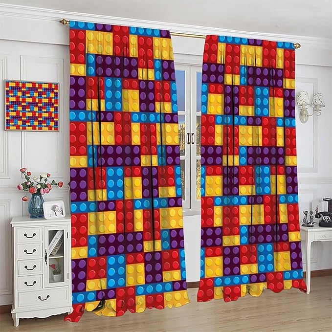 Building Block Colored Curtains, Children's Themed Curtains Collection Building Block Patchwork Cartoon Print Curtains, Light Trim 2 Panel Set Rod Pockets 52x84in