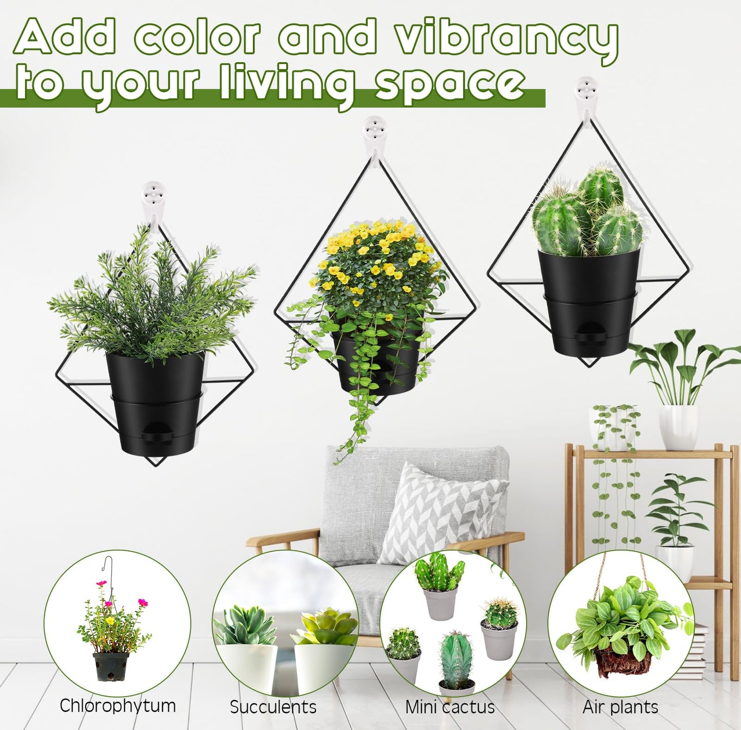 Baderke 6 Sets Wall Planters for Indoor Plants Hanging Wall Planter with Metal Holder Geometric Self Watering Wall Pots Mounted Succulent Pots, 5" Black Plant Container