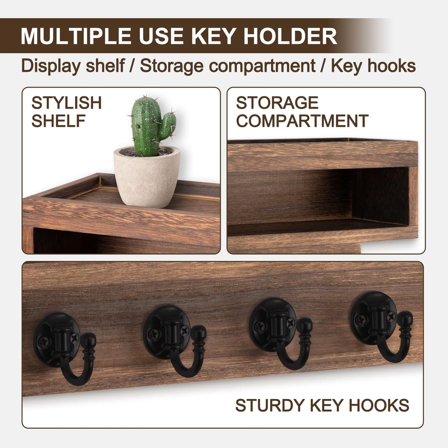 Lucundm Key and Mail Holder Wall Mount, Key Hanger with Long Storage Box and 6 Hooks for Coat, Dog Leash, Home Decor Rack, House Accessories, Entry Way Organizer (Brown)