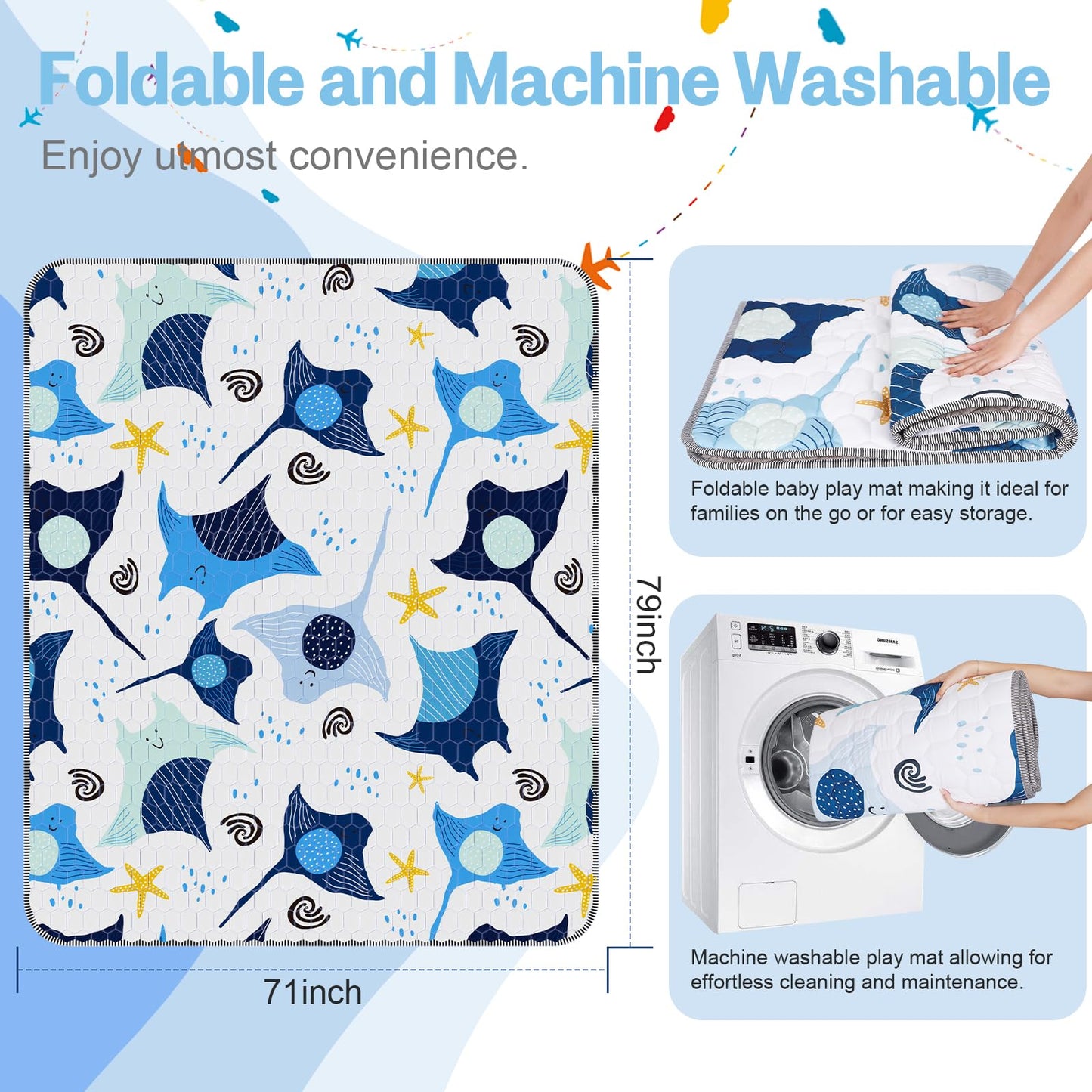 omzer Baby Play Mat, Large & Thick & Soft Cushioned Playmat for Playpen, Non-Slip Floor Mat for Crawling Infants & Toddlers with Safety Silicone Backing, Machine Washable - 71x79 Inch, Blue