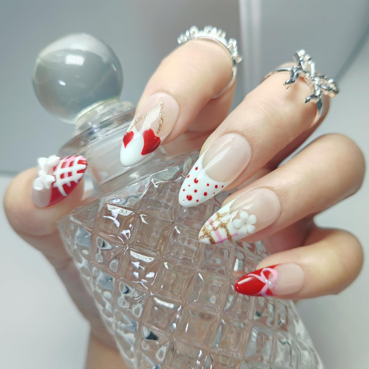 Almond Press on Nails Handmade Medium Long/Stiletto 3D Flower Fake Nail with Designs, Women Reusable False Nails (Valentine Red French, S)