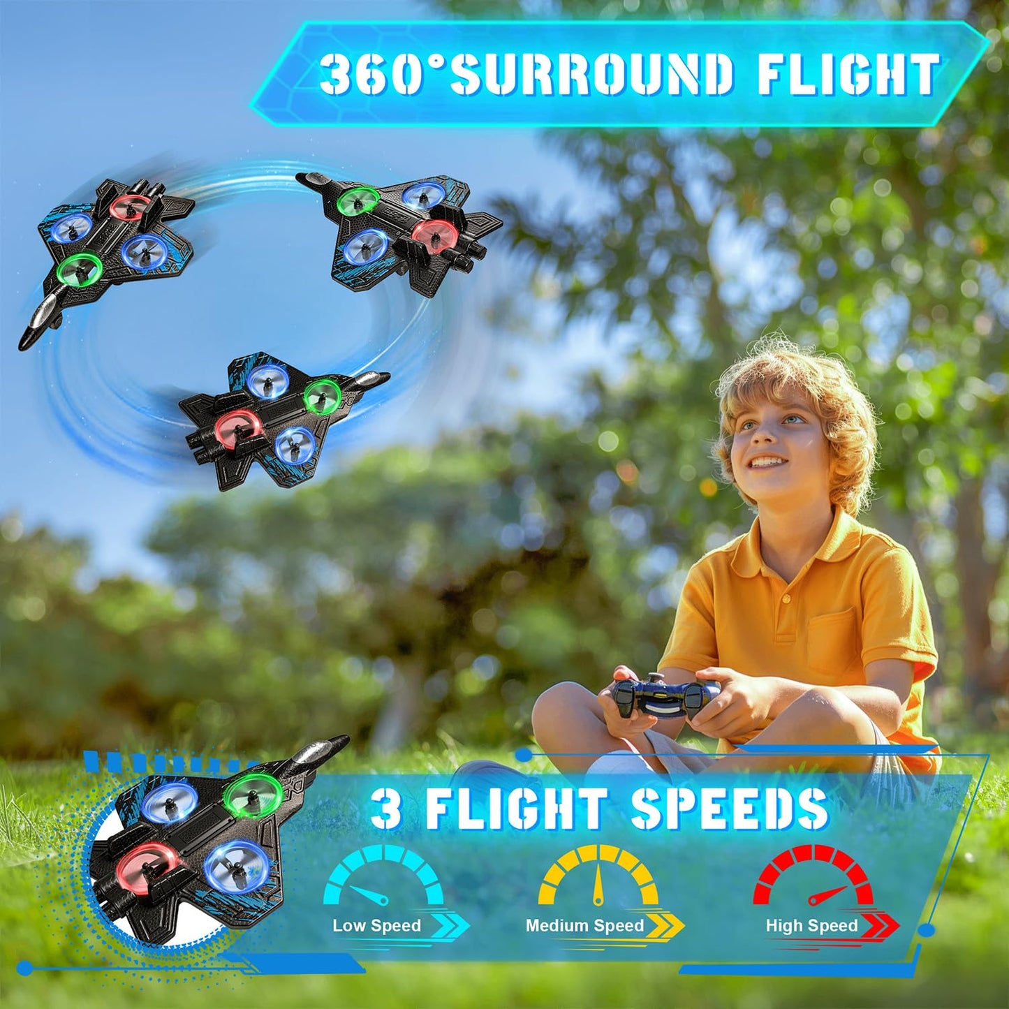 Merimon Foam RC Plane for Kids Adults, Remote Control Airplane with 4 Rechargeable Batteries, Cool Led Light and 360° Flip, Stunt RC Jet Plane Toy Gift for Kids 6+ (Blue-4 Batteries)