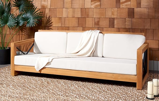 SAFAVIEH CPT1010A Couture Curacao Brazilian Teak Outdoor 3-Seat Patio Sofa, Natural/White