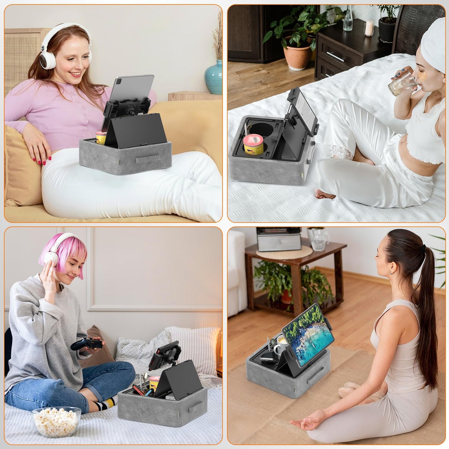 KDD Tablet Pillow Stand, Adjustable iPad Holder for Bed, Lap and Desk with Two Cup Holder and Storage Tray, 360°Rotating Clip Soft Dock Compatible with iPad Pro 12.9, Air, Mini, Phone and E-Reader