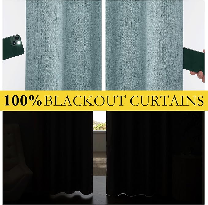 NICETOWN 100% Absolutely Blackout Linen Curtains with Thermal Insulated Liner, Skylark Blue, 52" Wide, 45" Length Energy Saving Curtains for Living Room 2 Panels Set, Vertical Blinds