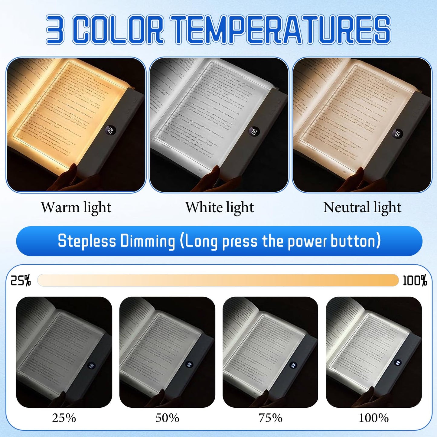 Book Light, Rechargeable Clear LED Flat Reading Light with 3 Colors & Timer, Dimmable Panel Plate Lamp Book Full Page Light for Reading in Bed at Night, for Women Readers Kids Book Lovers (White)