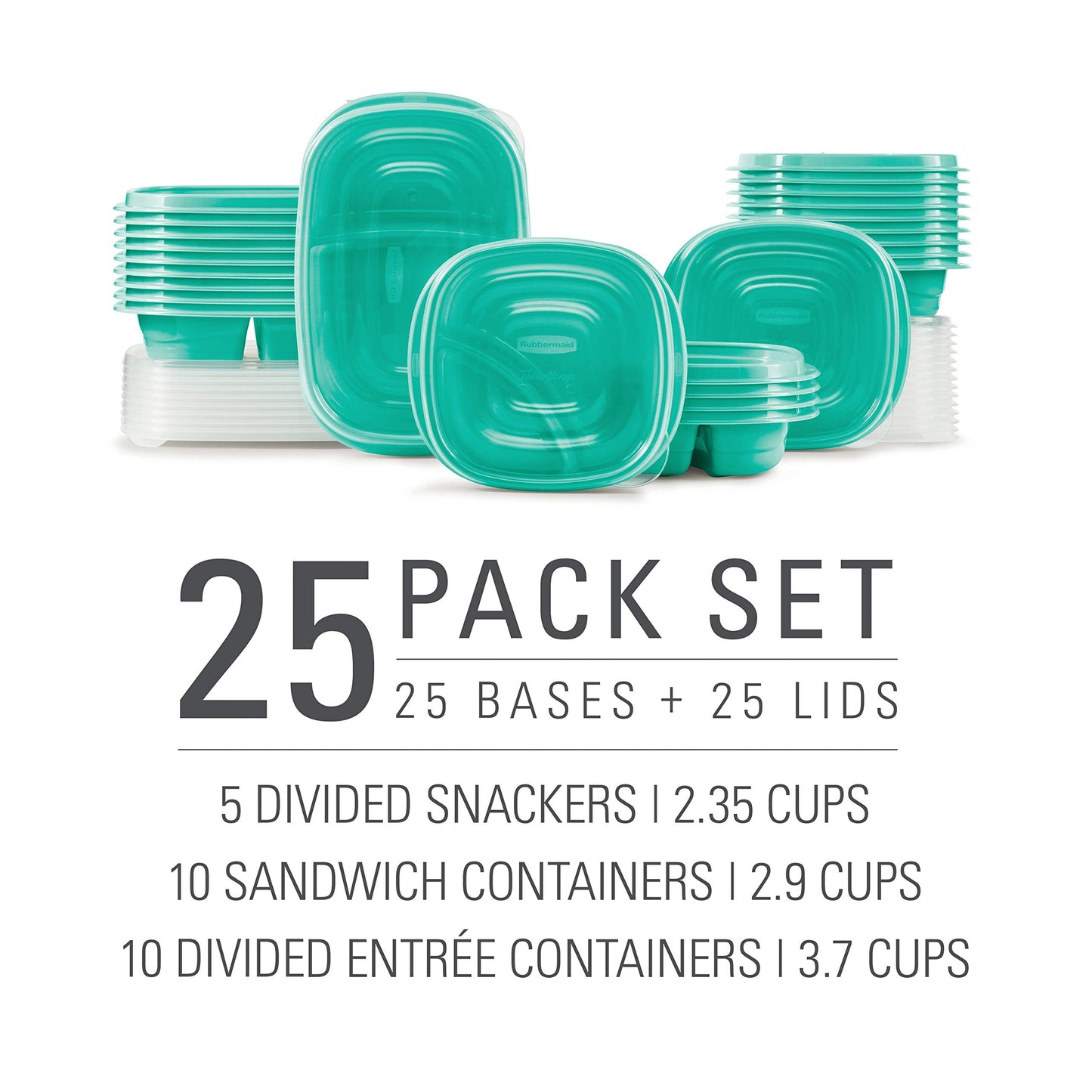 Rubbermaid 50-Piece Food Storage Containers Set with Lids, Teal Splash – Perfect for Lunch, Meal Prep, Leftovers & More – Top Rack Dishwasher Safe, BPA-Free Plastic