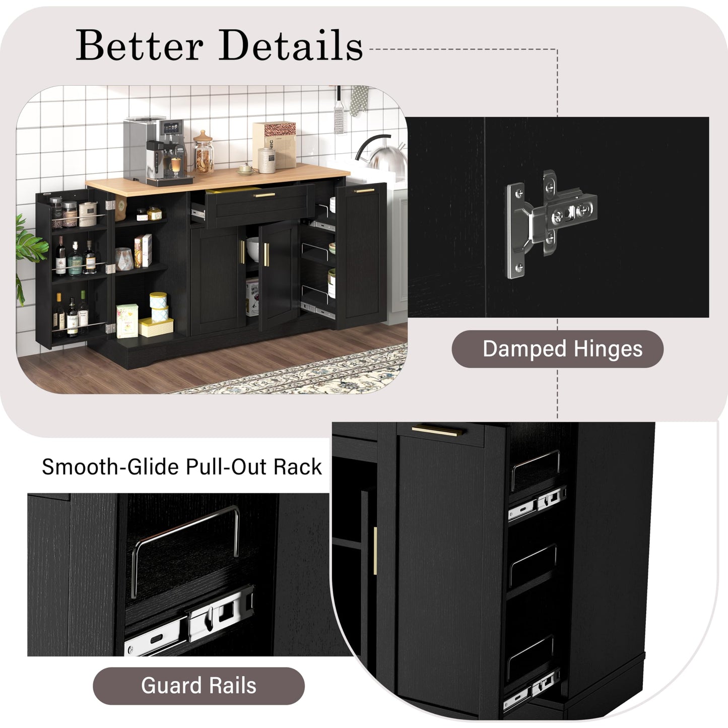 Amposei Kitchen Sideboard Storage Cabinet 54’’ Wooden Credenza Buffet Coffee Bar Cabinet with Drawers, Adjustable Shelves for Living Room Dining, Black
