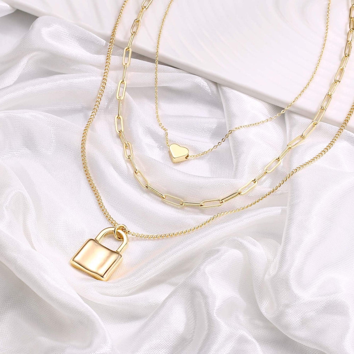 Turandoss Layered Lock Necklace for Women, Layered Heart Lock Necklace for Women Layering Link Chain Necklaces
