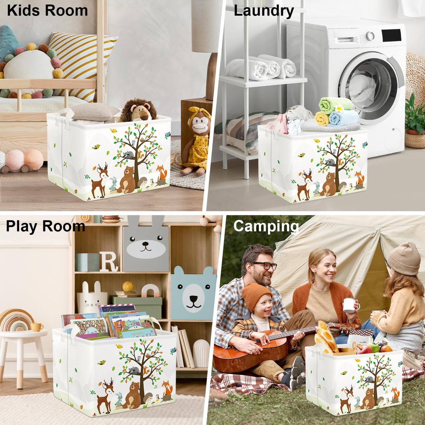 Clastyle Woodland Animals Bear Fox Raccoon Tree Baby Gift Storage Basket Large Deer Owl Collapsible Rectangular Shelf Basket Cute Clothes Towel Toy Book Storage Bin for Nursery