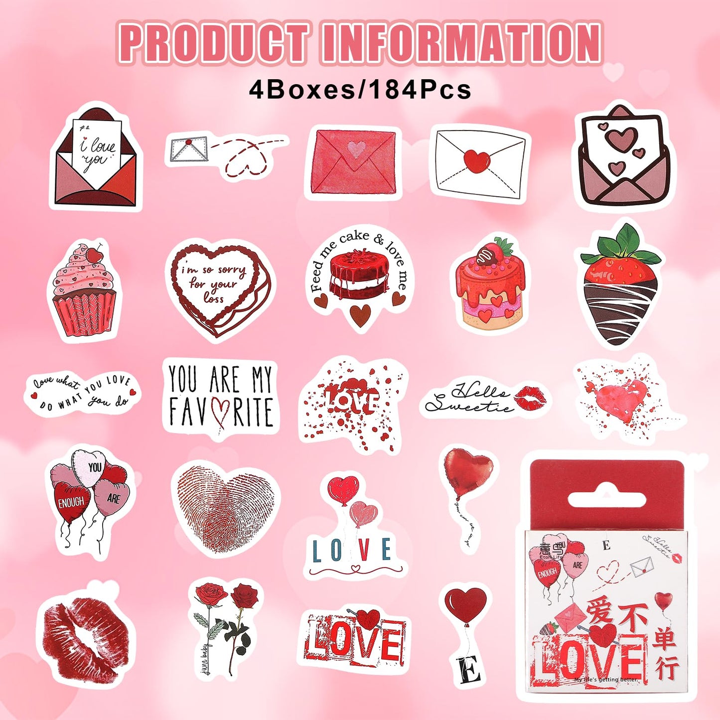 184Pcs Love Stickers for Scrapbooking, Waterproof Valentine's Day Decals, Scrapbook Stickers Love Themed Sticker Pack, Cute Heart Stickers for Couples Envelope Diary Planner Letter DIY Decor (4Boxes)