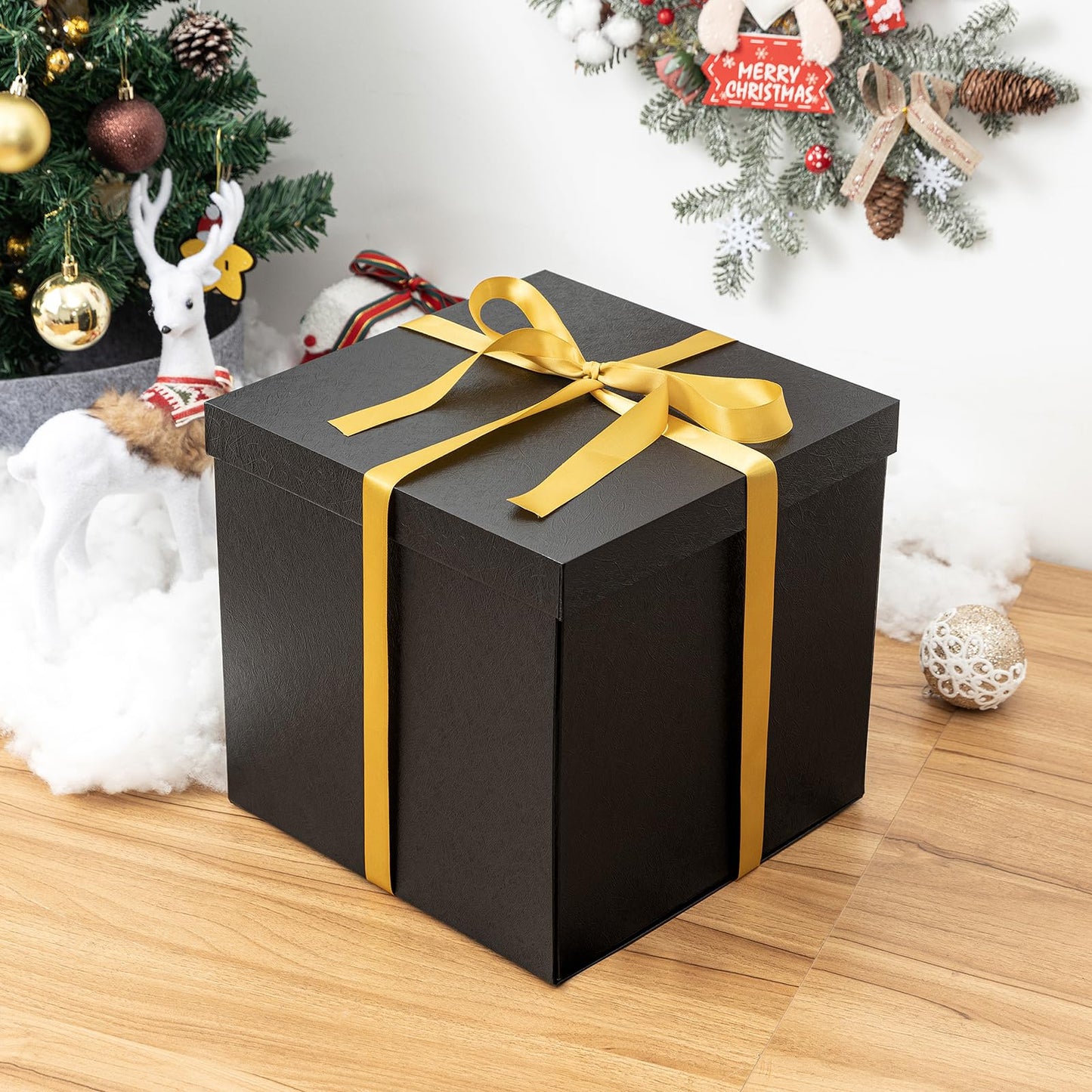 Mefleet Large Gift Box with Lid for Presents 12x12x12 Inches Extra Big Deep Square Black Boxes 1 Pack for Christmas, Birthday, Valentine's Day, Mother's Day - Contains Crinkle Paper, Ribbon and Card