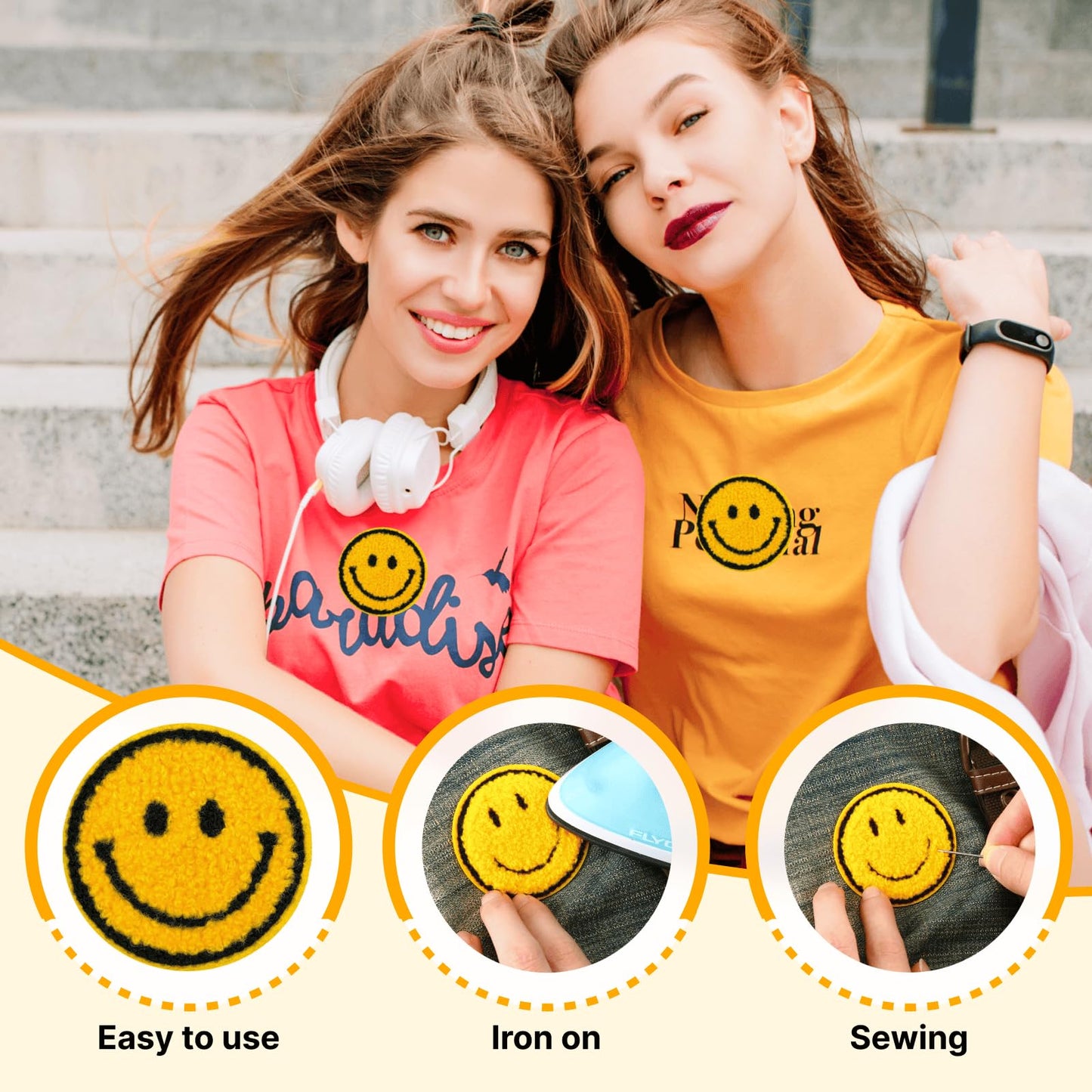 QinXunTa 30PCS Bulk Iron on Patches,Iron on Smiley Face Patch for Hats,Clothing,Jeans(Yellow)