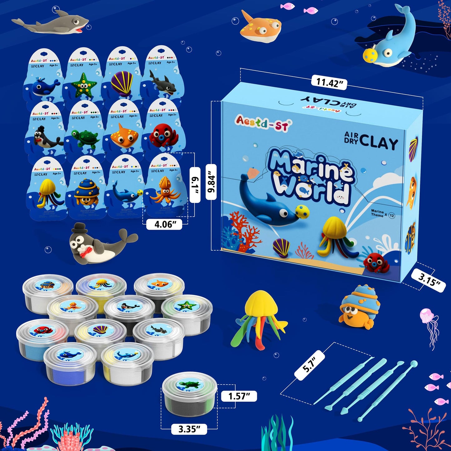 Air Dry Clay Kit - Ocean Theme, Modeling Clay for Kids, DIY Model Magic Clay with Sculpting Tools and Tutorials, 12 Boxes Molding Clay, Ultra Light, Soft & Non-Sticky, Arts and Crafts Gift for Kids