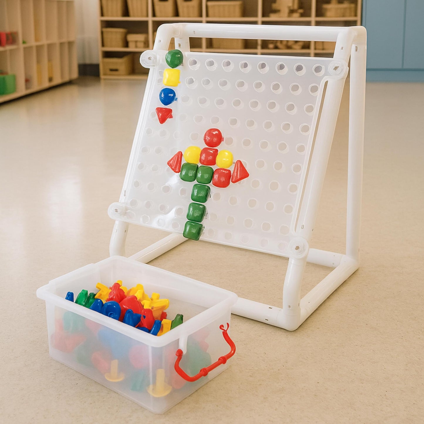 Constructive Playthings Mega Pegboard – 100 Oversized Pegs with Stand & Storage | STEM Manipulative for Math, Science & Special Needs