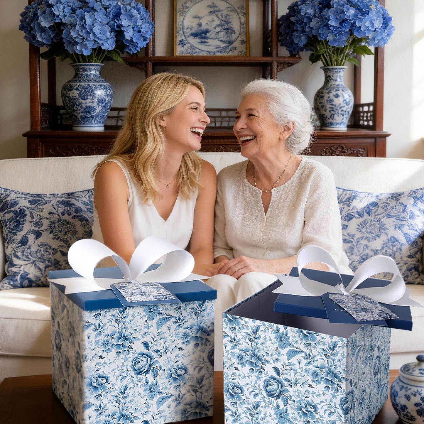 BIOBROWN Medium Gift Boxes with Lids for Presents, 9x9x9 Inches Chinoiserie Blue White Peony Floral Design Collapsible Gift Box for Mother's Day, Bridal Shower, Wedding, Birthday, Valentine's Day