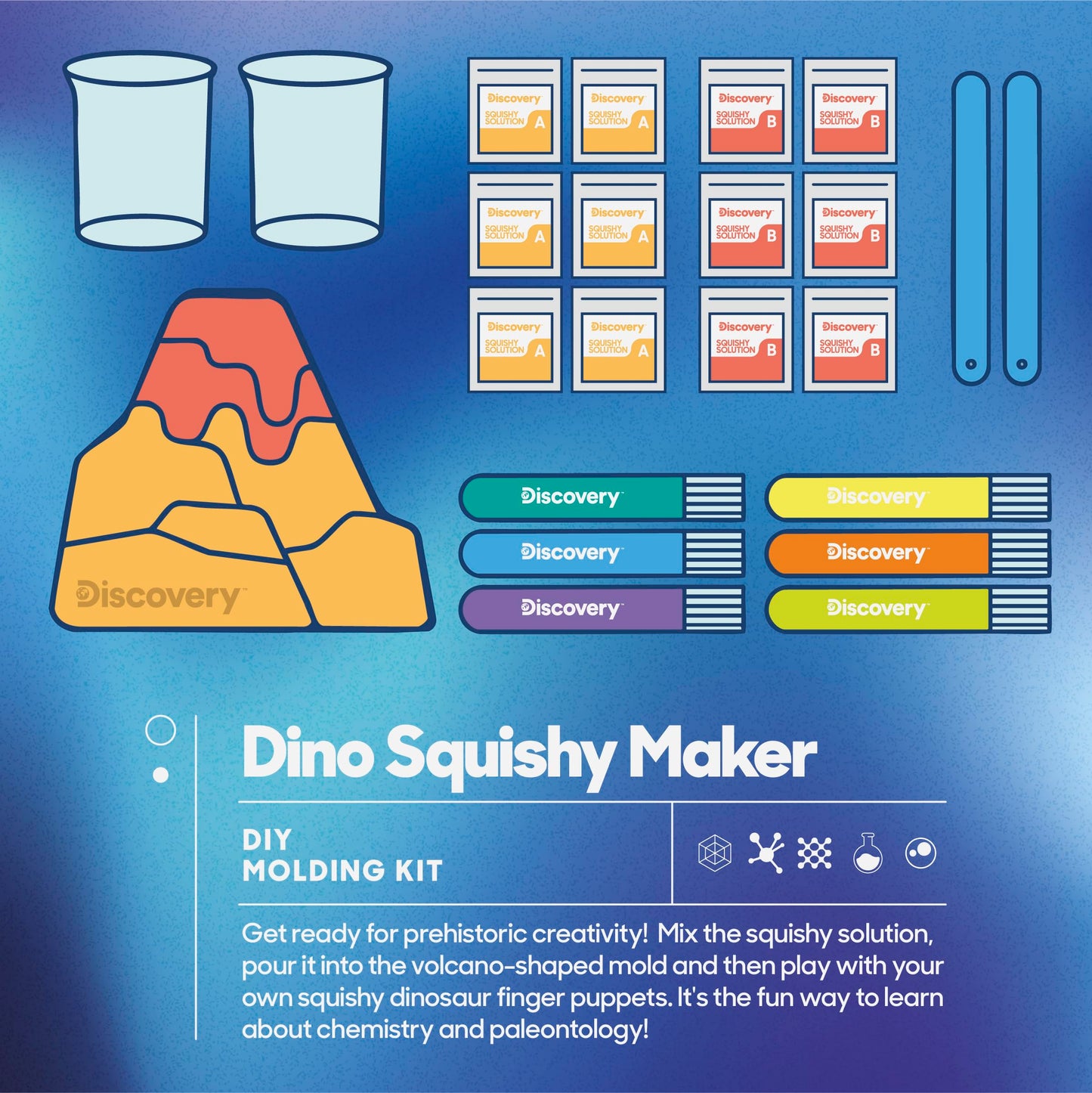 Discovery Dino Squishy Making Kit| Create 6 Squishy Dinosaur Finger Puppets| DIY Make Your Own Squishies Set| Kids Sensory Toy| STEM Chemistry Activity| Arts & Craft Kit| Educational Gift| Ages 6+