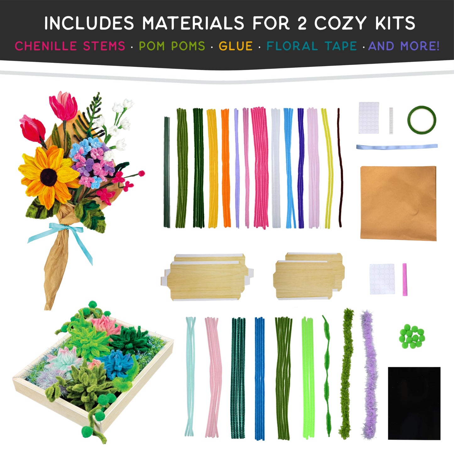 WeVeel Cozy Craftworks Chenille Stem Flower & Succulent Craft Kit for Adults – Create a Wildflower Bouquet and Succulent Box Garden – Relaxing DIY Botanical Arts & Crafts Set