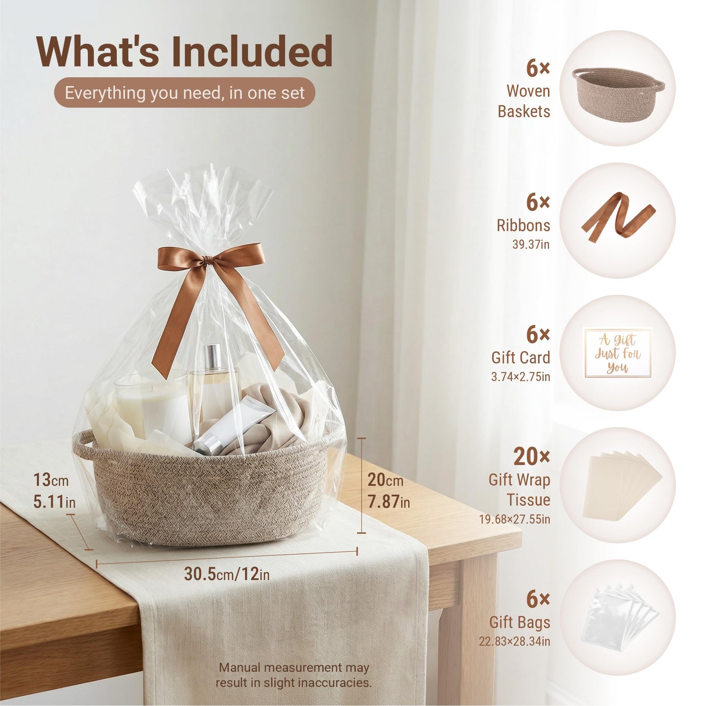 VIRETH HAUS 6 Pack Small Woven Baskets with Gift Bags, Ribbons, Wrap Tissue Papers – Gift Baskets Empty to Fill for Valentines, Baby Shower, Easter, Christmas Day, Decorative Storage Bins for Toys