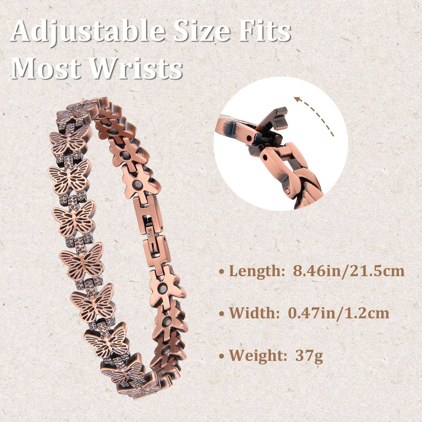 BioMag 99.99% Copper Bracelets for Women, Magnetic Bracelets with 3500 Gauss Neodymium Magnets with Adjustable Sizing Tool & Jewelry Box (Copper-Butterfly)