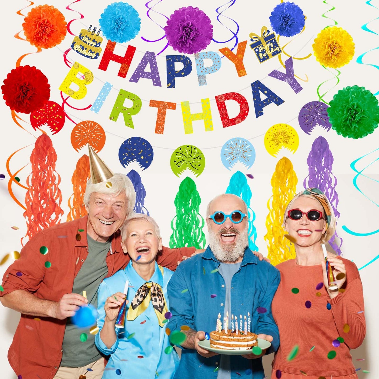 Rainbow Birthday Decorations Kit, 22Pcs Pre-Strung Happy Birthday Banner, Hanging Swirls & Paper Flowers for 21st 30th 40th 50th 60th Milestone Birthday Party Supplies