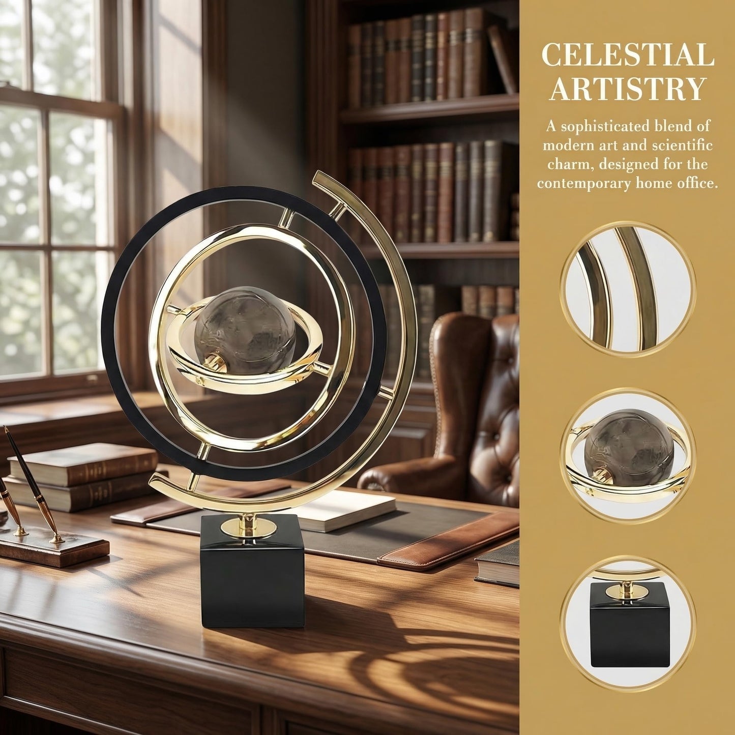 ARMUTCH Abstract Metal Globe Sculpture Decor - Modern Black and Gold Desk Art for Office, Living Room Tabletop Decor, Unique Home Decoration Gift