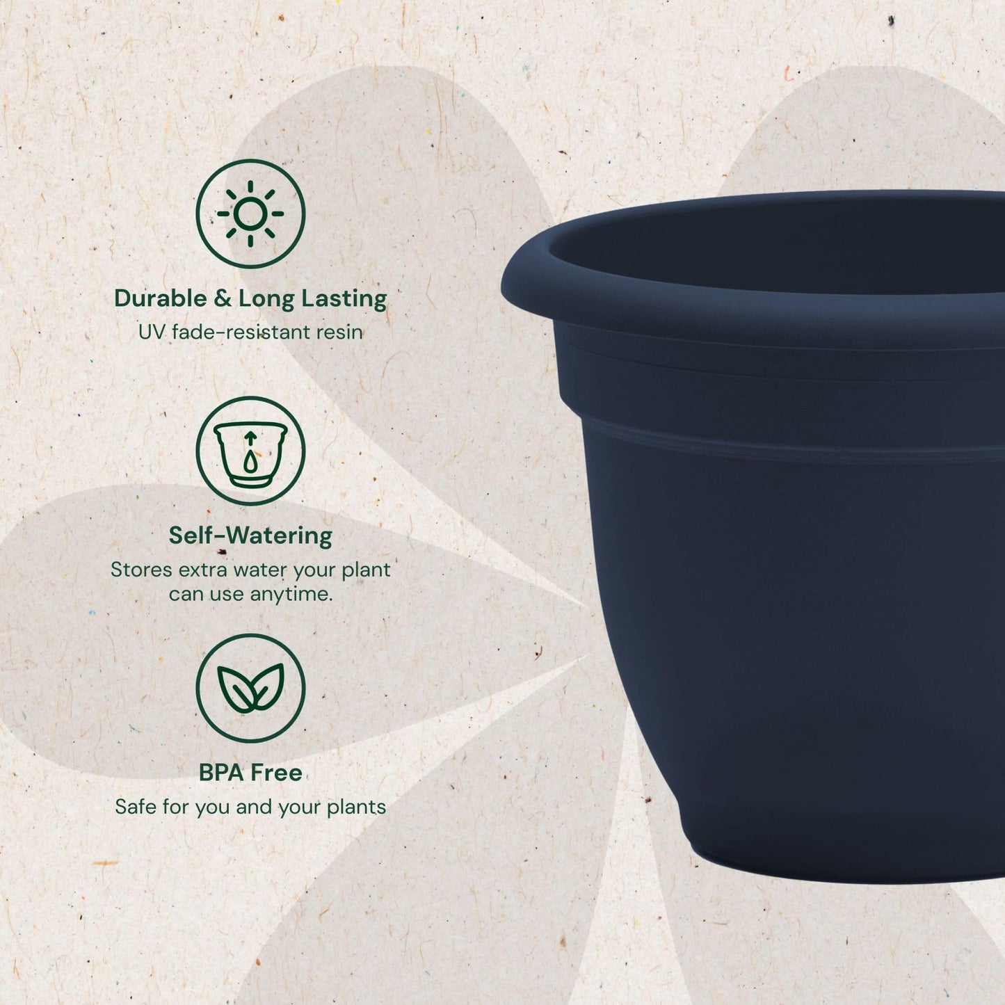 Bloem Ariana 12" Self-Watering Plastic Planter - Rolled Rim Indoor/Outdoor Garden Pot, Navy, 2-Pack