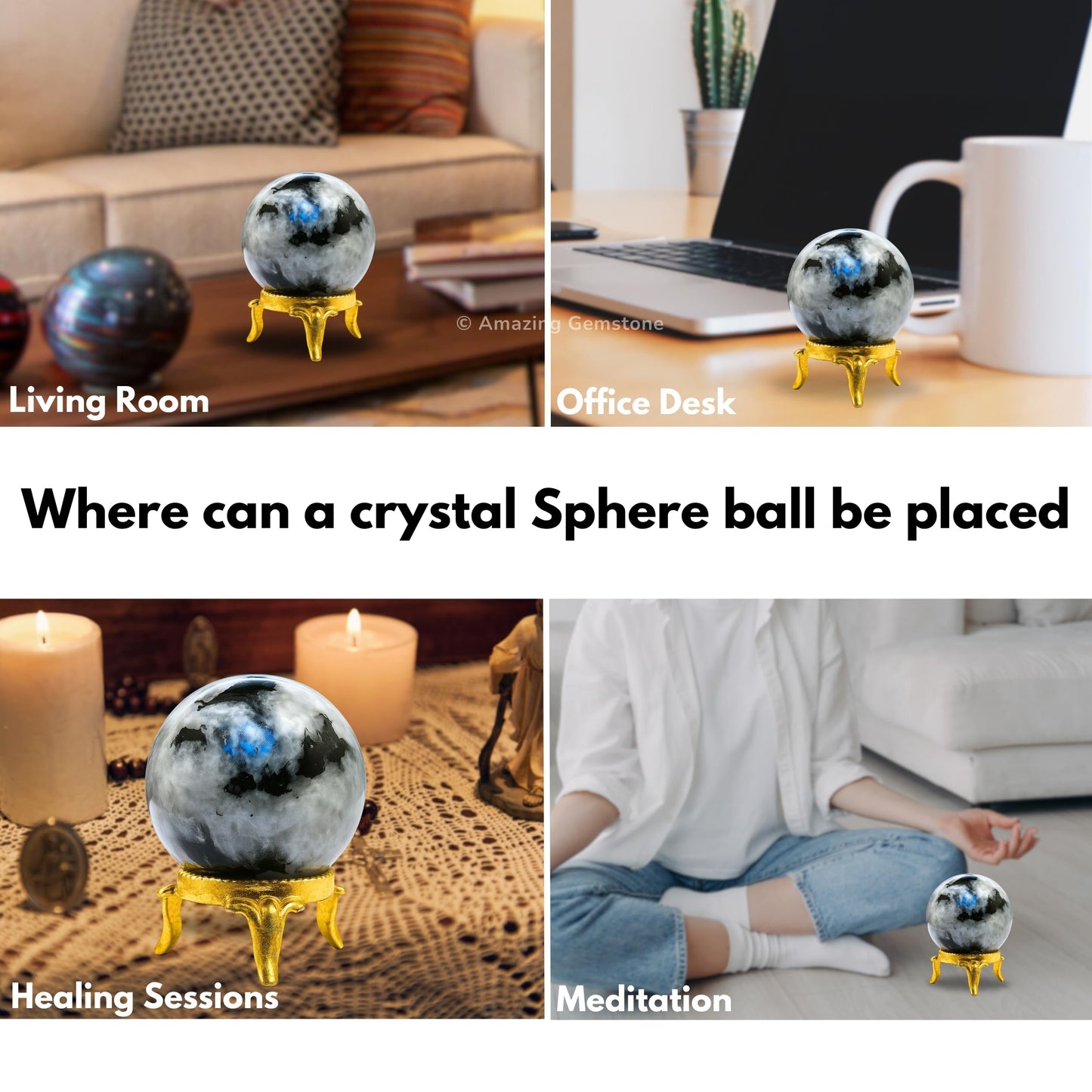 Amazing Gemstone Rainbow Moonstone Crystal Ball with Stand - 2 Inches Crystal Sphere Meditation Balls for Witchcraft and Decorative Balls