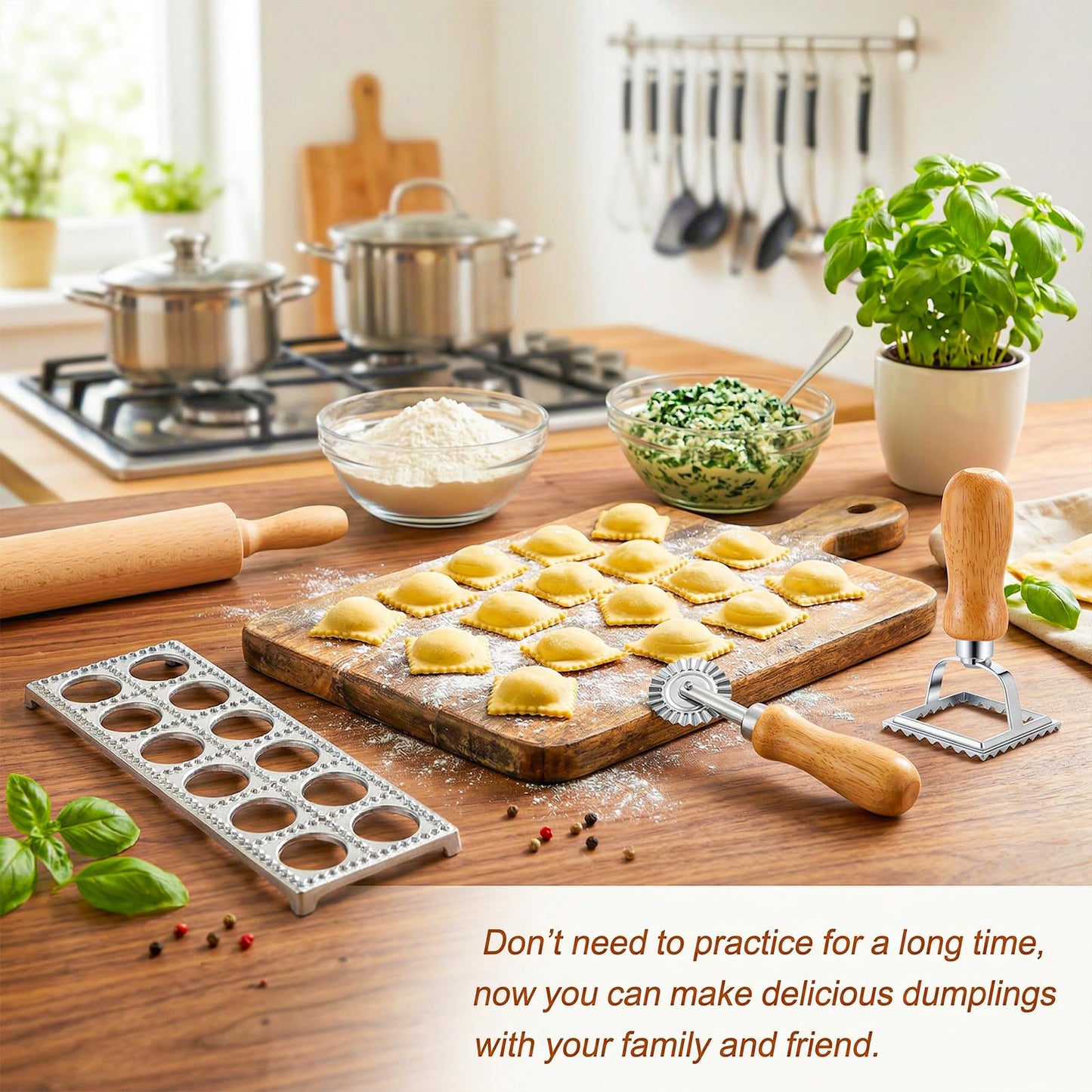 Kegeeei 5 Pcs Ravioli Mold Set, Ravioli Maker Cutter with 12 Holes Ravioli Press, 3 Shape Cutters & Wood Rolling Pin for Pasta, Dumpling, Meat Pie Making - Complete Kitchen Tool Kit