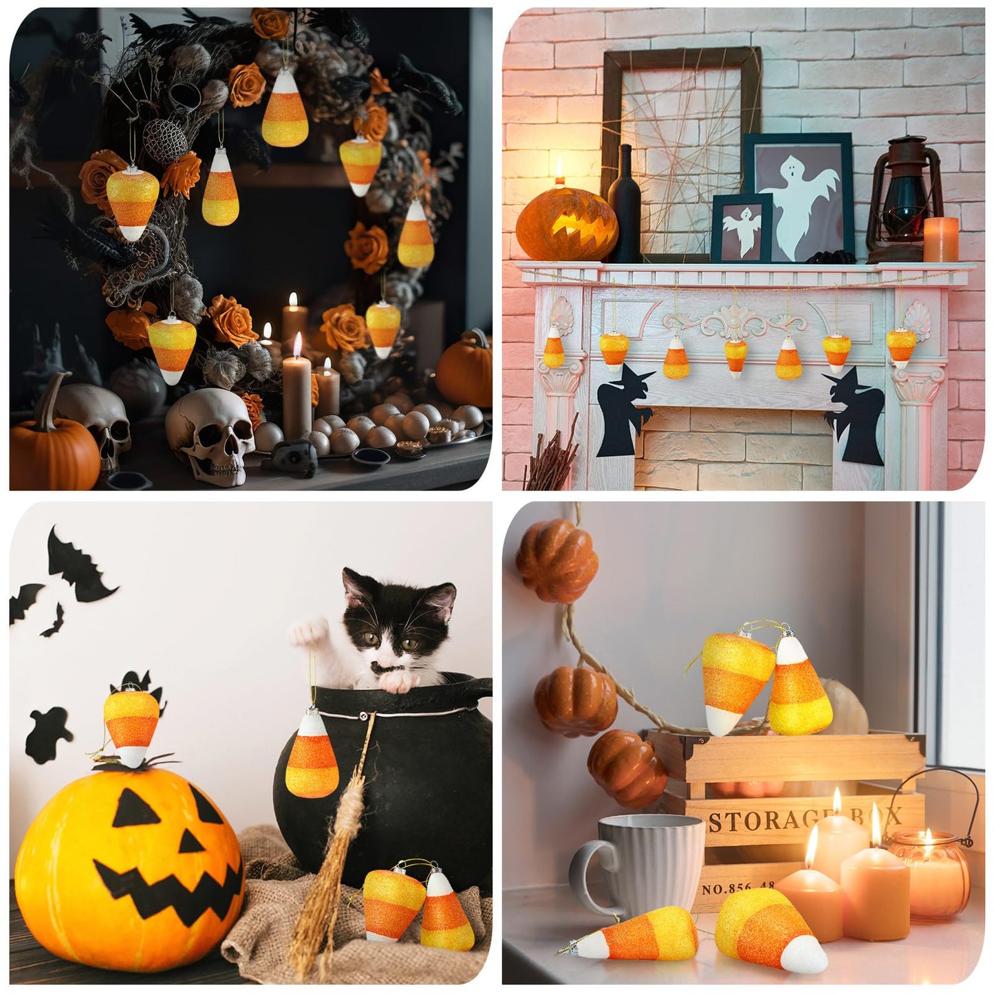 12 Pcs Halloween 3D Glitter Candy Corn Ornaments Large Halloween Candy Corn Hanging Pendant with Ropes Mini Tree Decorations for Halloween Christmas Holiday Garland Candy Party(Candy Style)