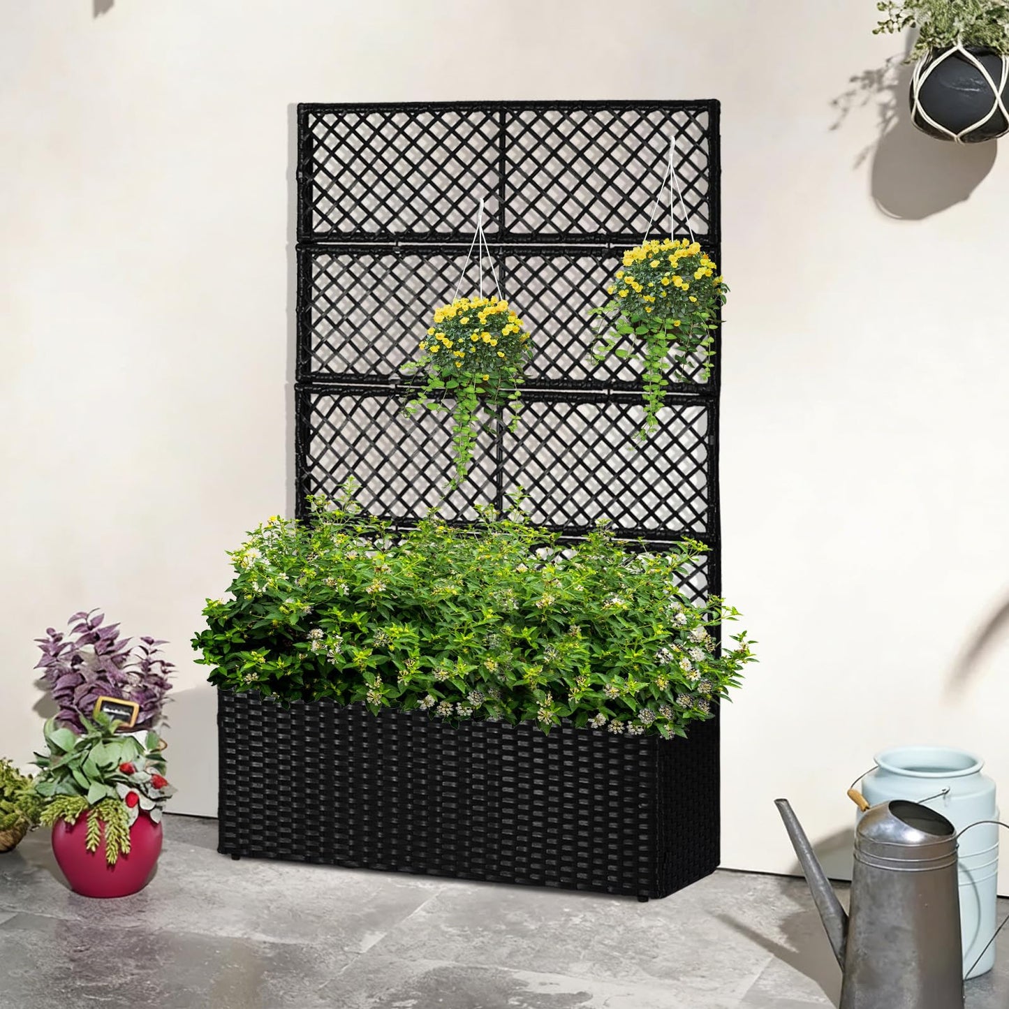 52’’ H Garden Planter Box with Trellis Outdoor for Vine Climbing Plants, Flowers Handwoven Rattan Garden Bed with Removable Liners for Backyard Patio Balcony