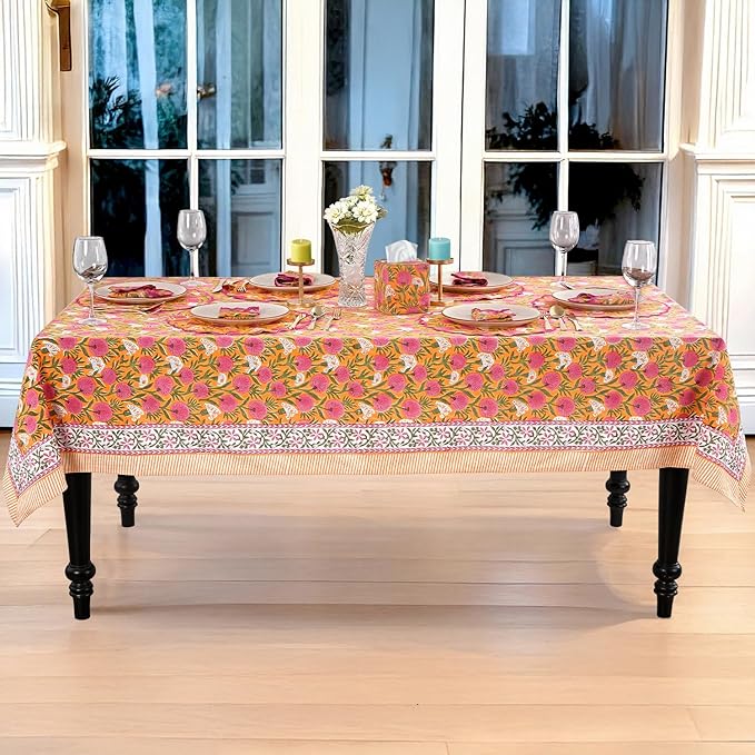 Ridhi Hand Block Print Bubblegum Pink Rectangle Cotton Tablecloth 190" x 72" Reusable Table Cover Decorative Everyday Use for Dining, Farmhouse, Home Gift for Spring, Easter, Valentine