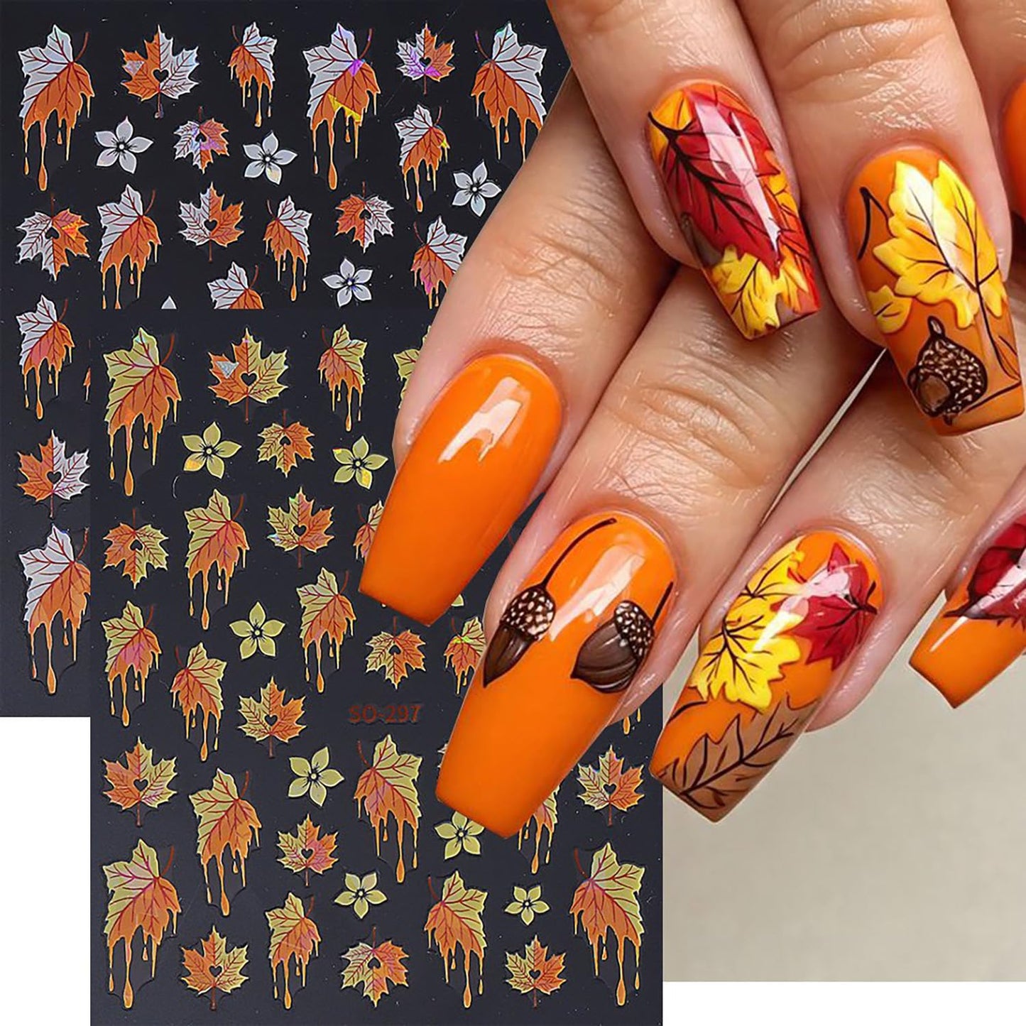 6 Sheets Thanksgiving Nail Art Stickers Fall Maple Leaf Nails Stickers 3D Self -Adhesive Flower Laser Maple Leaf Nail Decals Holographic Thanksgiving Decoration for Women Featival DIY Manicure