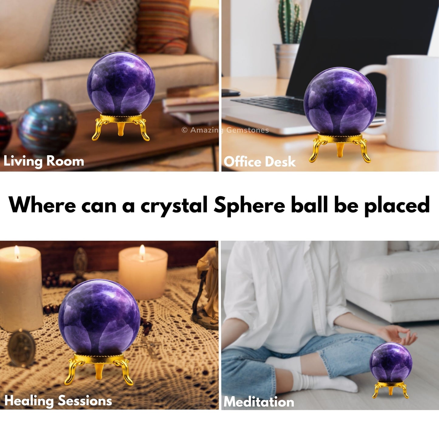 Amazing Gemstone Amethyst Crystal Ball with Stand - 2" Inches Crystal Sphere Meditation Balls for Witchcraft and Decorative Balls
