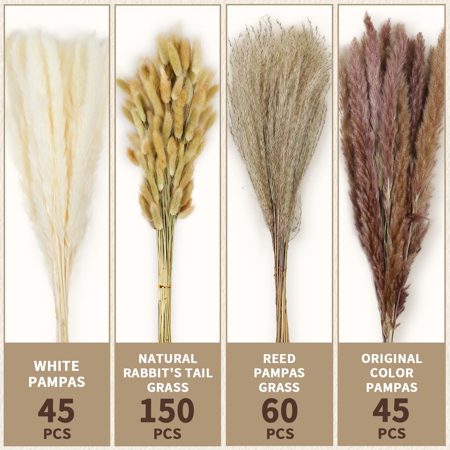 Le courant 17" 300Pcs Dried Pampas Grass Decor, Naturally Small Boho Pampas Grass with Bunny Tails & Reed Grass for Home Table Decor, Wedding, Rustic Farmhouse Party Decorations, White and Brown