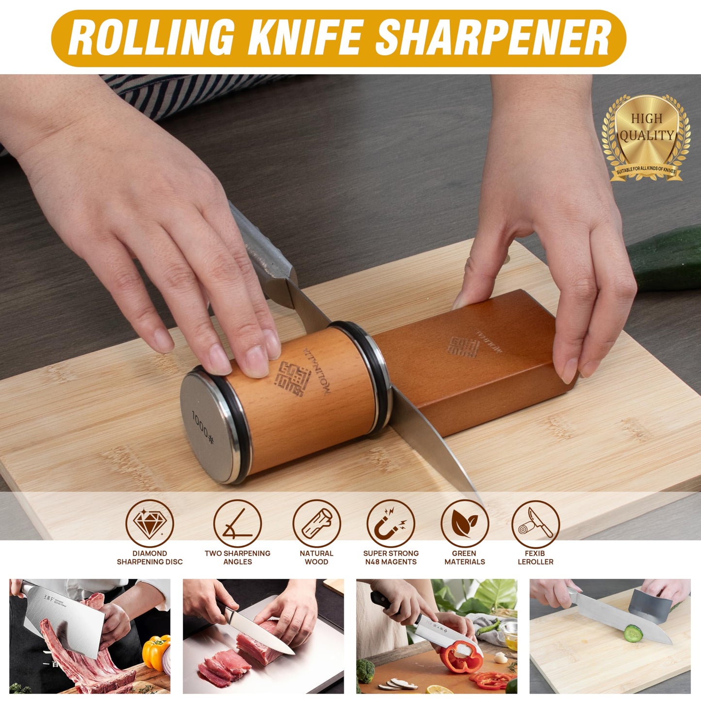 Molinalia Rolling Knife Sharpener Kit for Kitchen - Multi Angle Tool with Magnetic Angle Guide (15°/20°) Diamond & Ceramic Discs, Knife Sharpening Kit having Finger Guard, Gloves & Travel Bag