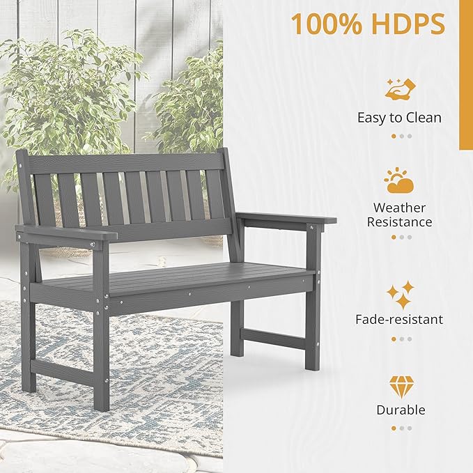 LUE BONA Outdoor Bench, 2-Person HDPS Garden Bench, Outdoor Benches Weatherproof, All-Weather Fade/Rot Resistant Patio Bench for Park, Front Porch, Backyard (Dark Gray)