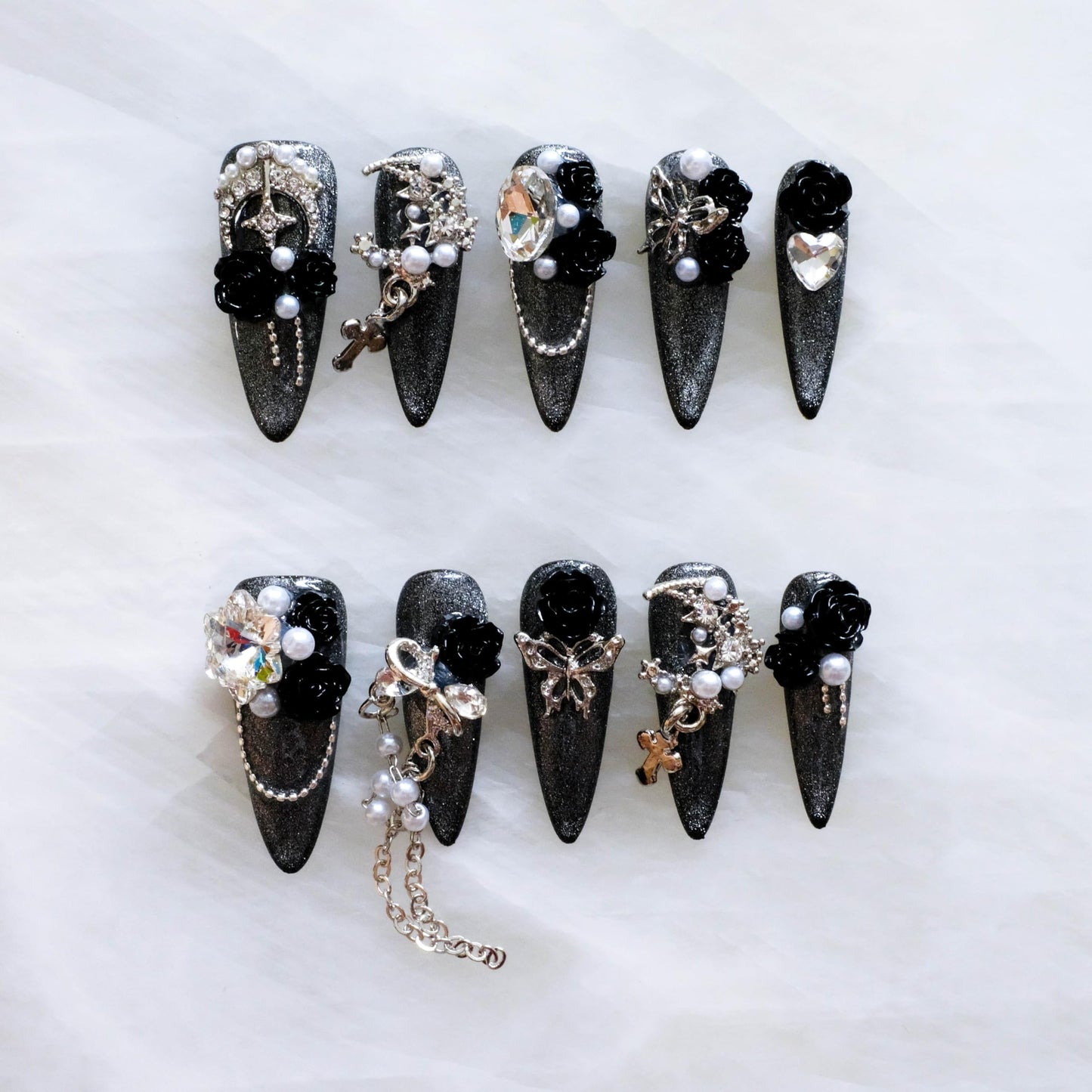 GLORS Luxury Long Stiletto Press-On Nails, 3D Black Roses with Silver Glitter, Pearl and Rhinestone Decorations, Handmade False Nail 10 Pieces (Medium, LS)