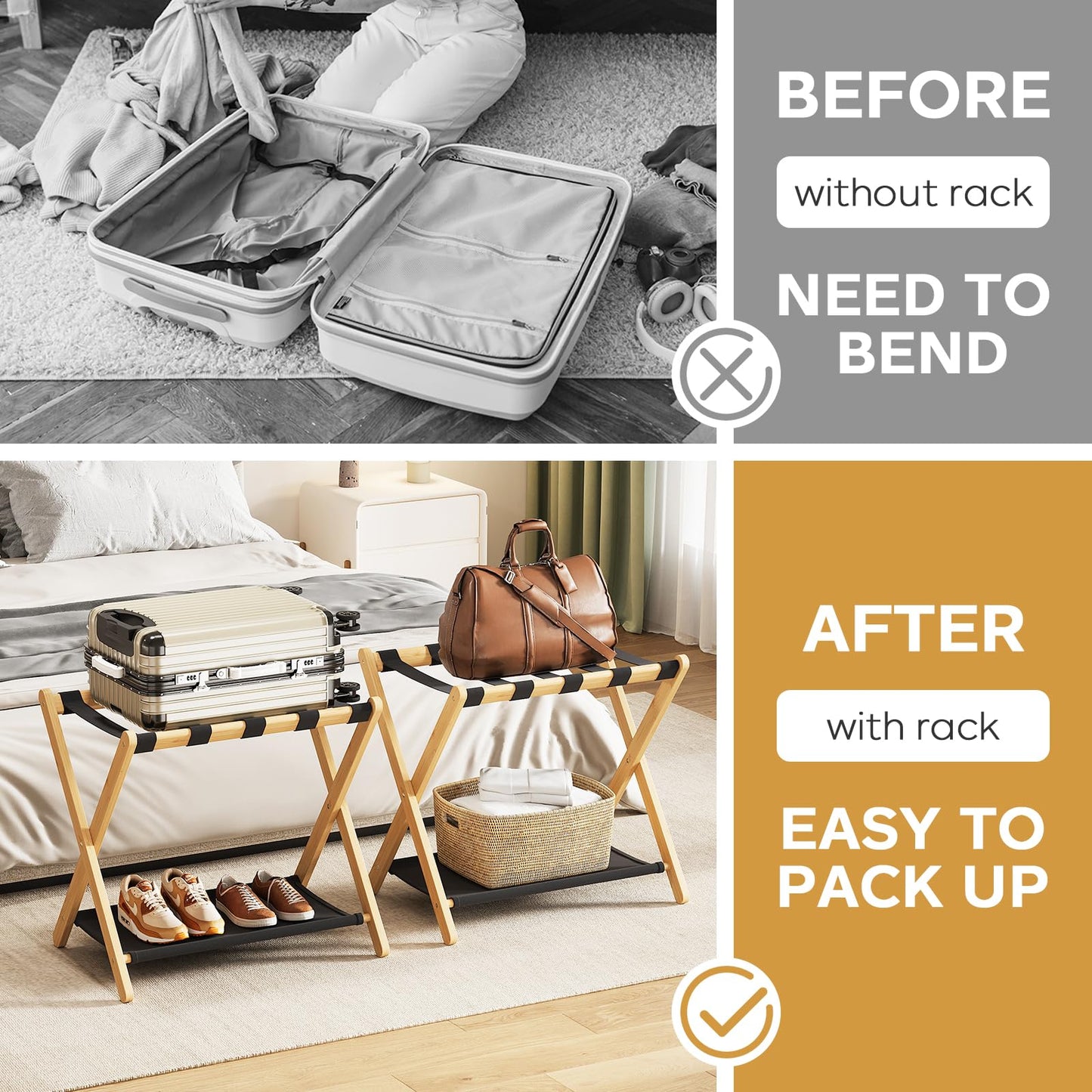 oakvivo Fully Assembled Luggage Racks Pack of 2, Bamboo Natural Foldable Luggage Rack for Guest Room, Suitcase Stand with Fabric Storage Shelf for Hotel, 5 Nylon Straps, 26.77" W x 16.93" D x 22.5" H