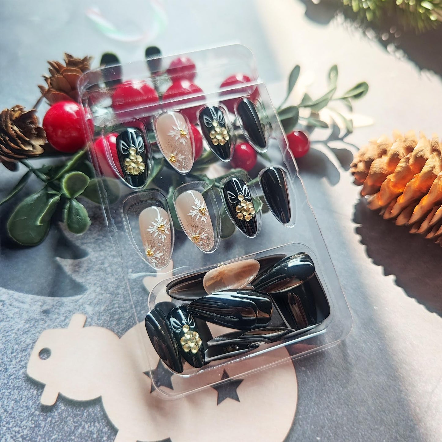 Snowflake Press on Nails Bell Stick on Fingernails Christmas Press ons Medium Almond Nail Glossy Silver Glitter False Nail 24Pcs Bow Tie Gel Glue on Acrylic Fake Nails for Holiday Women