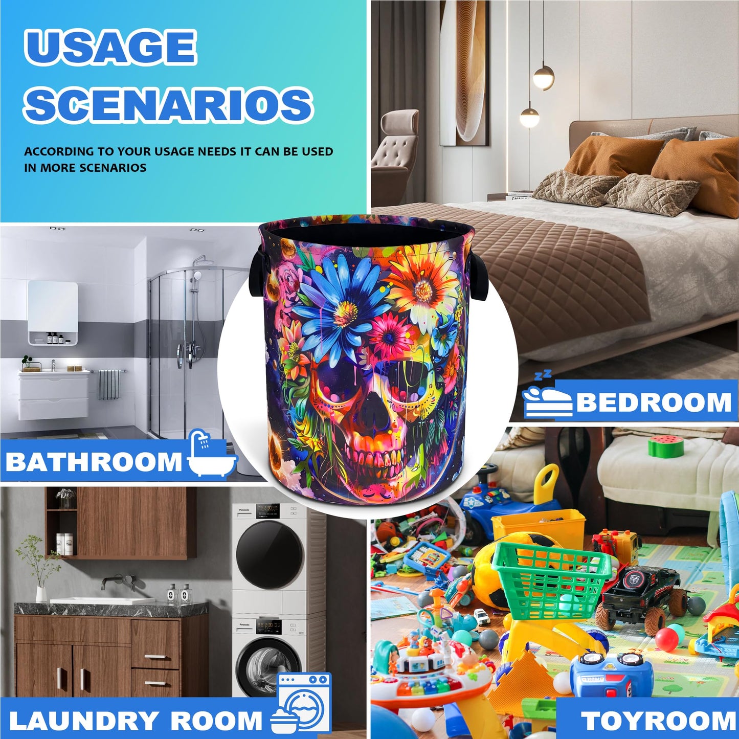 Skull Flowers Laundry Basket Oxford Cloth Funny Skeleton Laundry Hamper With Handle Foldable Portable Clothes Storage Basket 18.9 X 16.5 In Storage Bag For Laundry Room/Bathroom/Bedroom/Dormitories