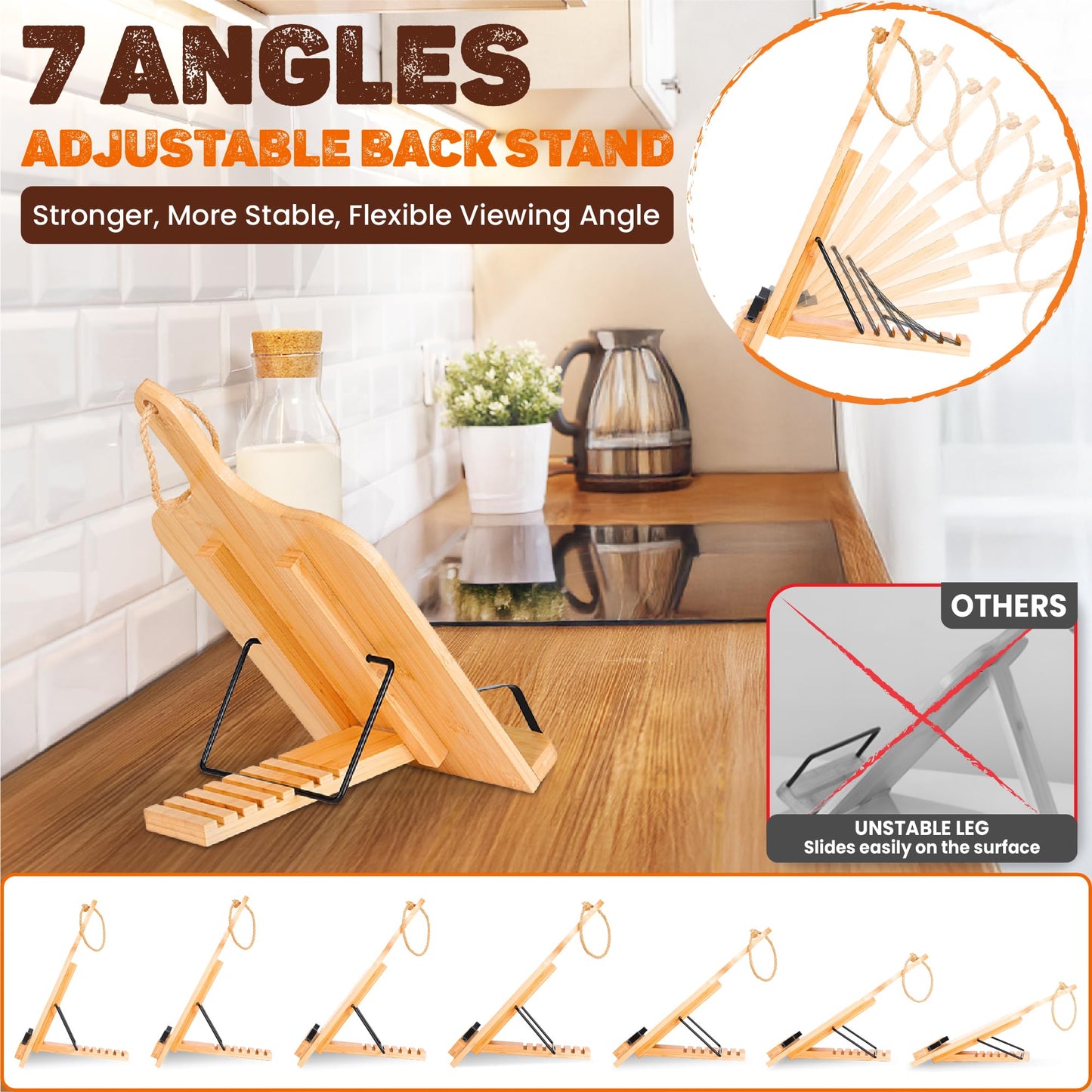 [Upgraded] Adjustable Bamboo Cookbook Stand with 7-Angles, Conversion Chart, Page Grips, Recipe Cookbook Holder for Kitchen Counter, Kitchen Book Stand for Cookbook, Textbook, Tablet, Gift for Women