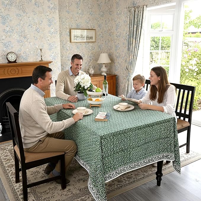 Ridhi Hand Block Print Basil Green Rectangle Cotton Tablecloth 120" x 60" Reusable Table Cover Decorative Everyday Use for Dining, Farmhouse, Home Gift for Spring, Easter, Valentine