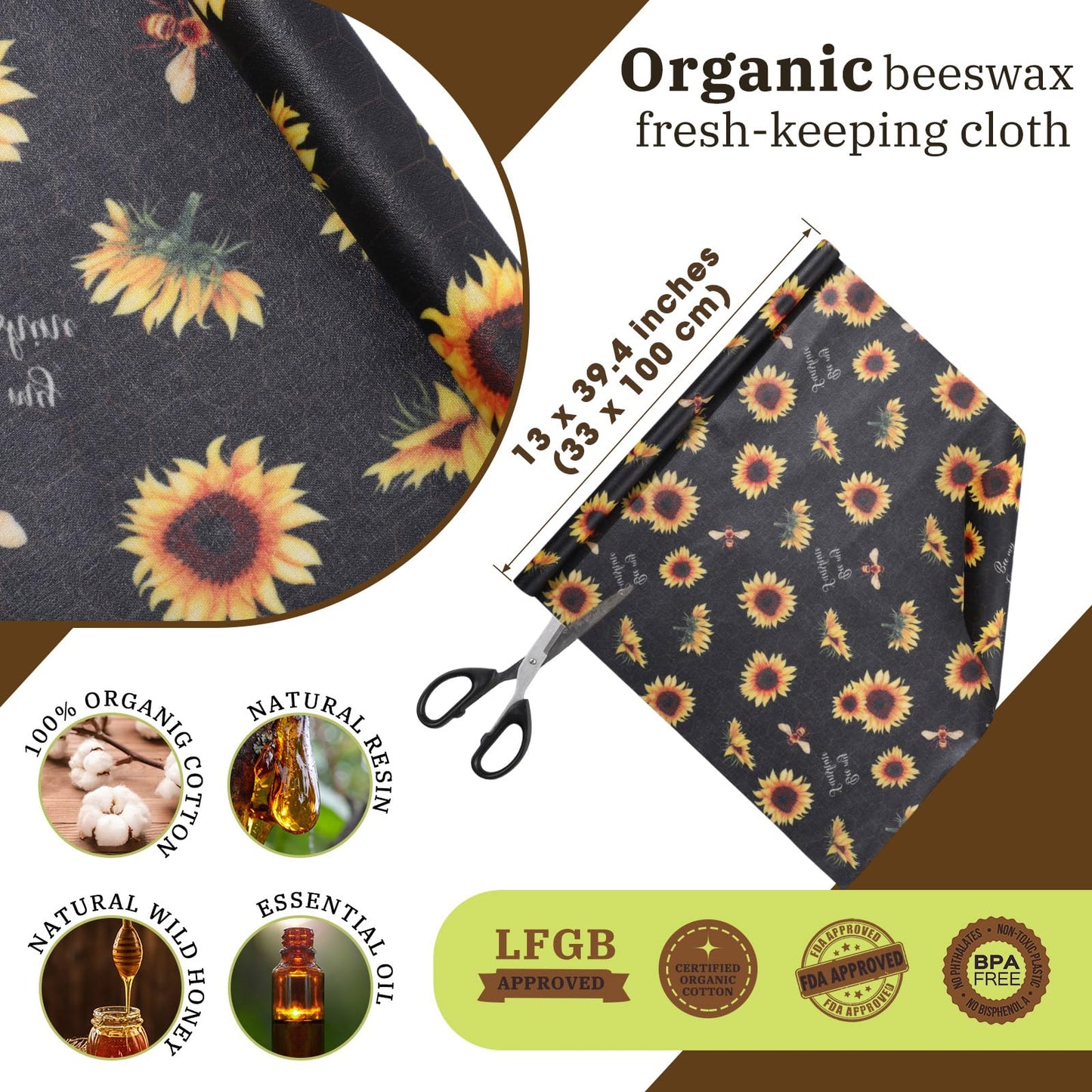 3 Rolls Reusable Beeswax Wraps for Food 13 x 40 Inches Bees Wax Wraps Reusable Food Storage Wrap Beeswax Paper Roll for Bread Sandwich Cheese Fruit Snacks(Bee)