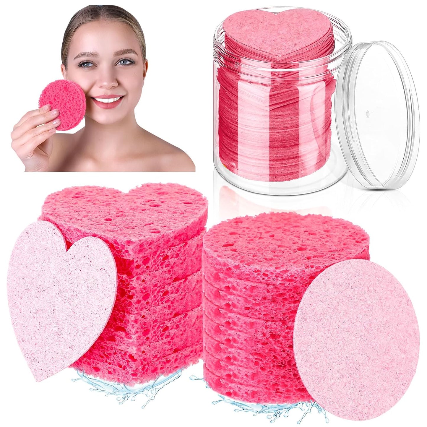 Loopeer 96 Pcs Compressed Facial Sponges with Container Disposable Face Sponge Pads for Washing Face Cleansing Exfoliating Esthetician Makeup Removal (Pink)
