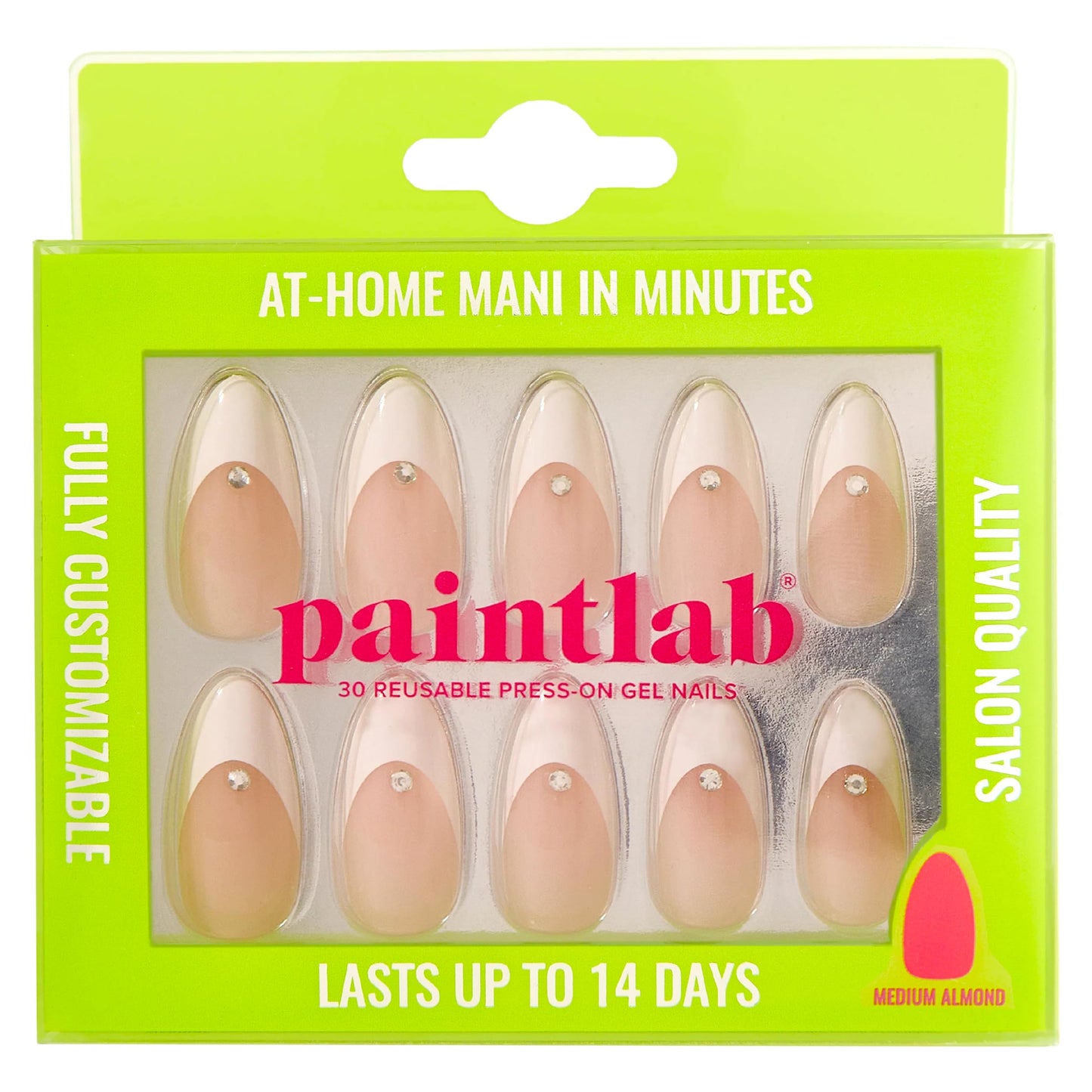PaintLab Press On Nails - French Tip 3D Diamond Almond Fake Nails, 30 Nails in 15 Sizes with Glue, Reusable Salon Quality Press On Nails