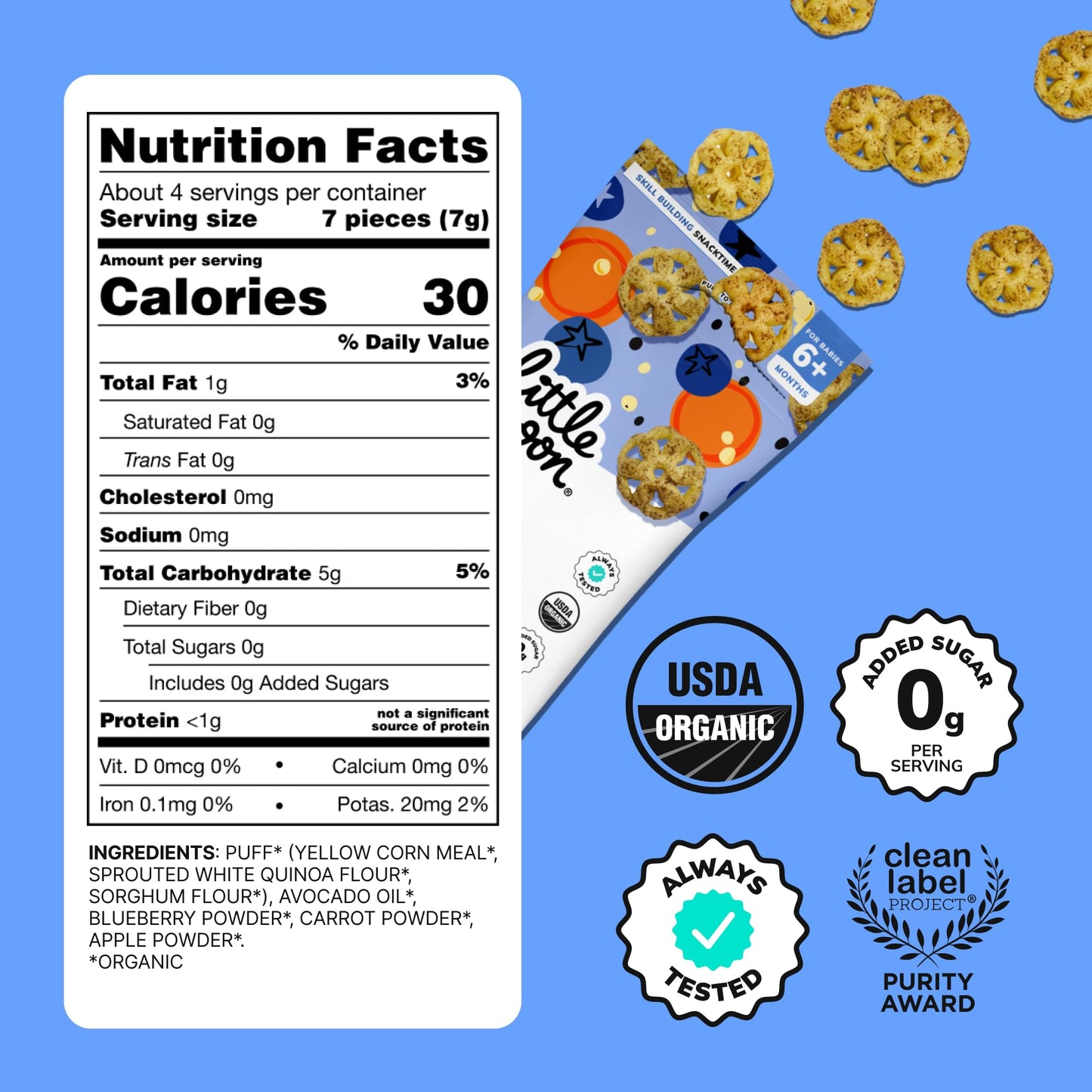 Little Spoon Blueberry Carrot Meltable Baby Wheels, Organic Corn, Quinoa & Sorghum, No Added Sugar Snacks, Encourages Self-Feeding, 1 Oz Bag, 4 Pack