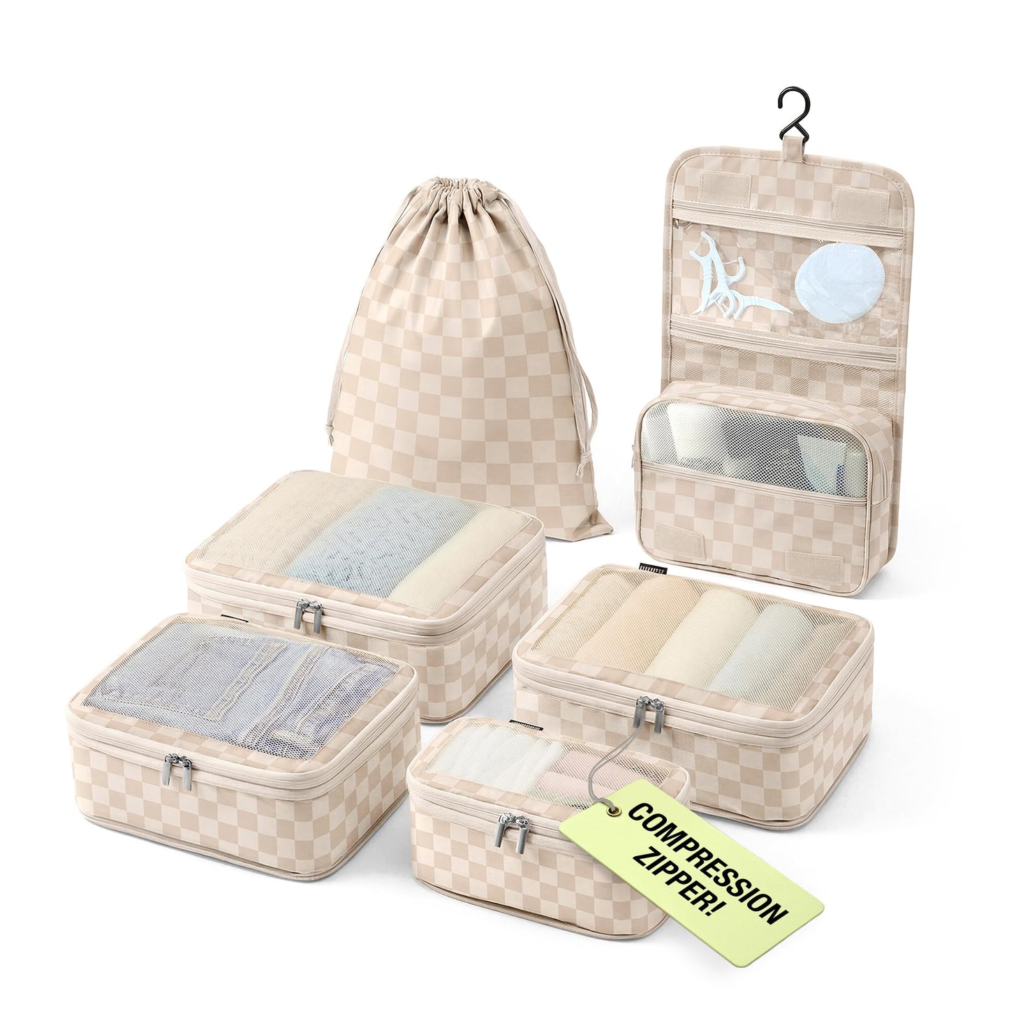 Vandel Space-Saving Compression Packing Cubes for Women with Hanging Toiletry Bag, Laundry Bag, Compressible Carry On Suit Case Organizer Luggage Packing Cubes for Travel Compression Organizer Bags