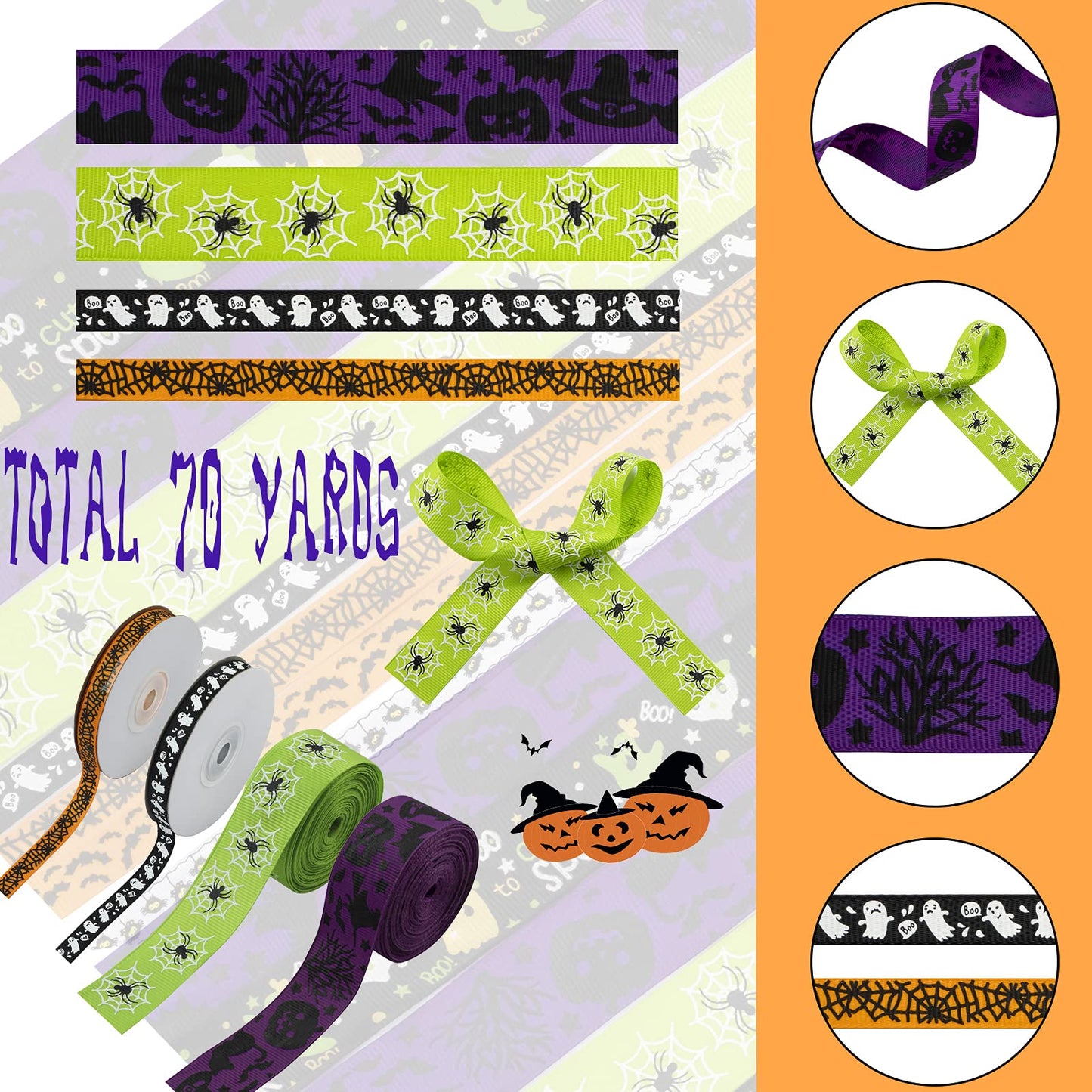 Linsoir Beads 70 Yards Halloween Grosgrain Ribbons Bat Spider Printed Ribbons Witch Hat Skull Pumpkin Ghost Printed Ribbons Assorted Halloween Decorative Wrapping Ribbons for Halloween Home Wreath